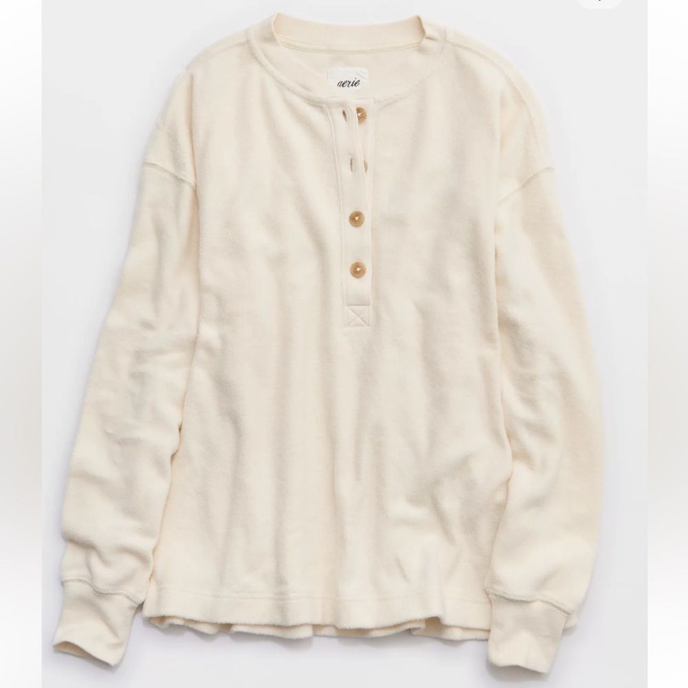 aerie Neutral Ivory Quarter Button Cotton Sherpa Henley Sweatshirt - Picture 4 of 17
